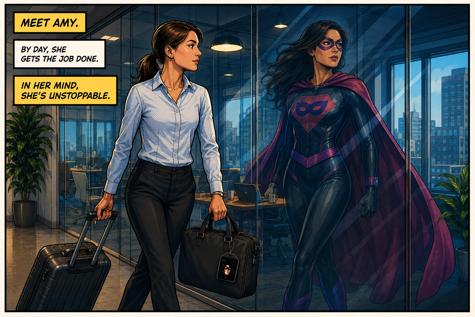 Businesswoman seeing her inner superhero reflected in the office glass