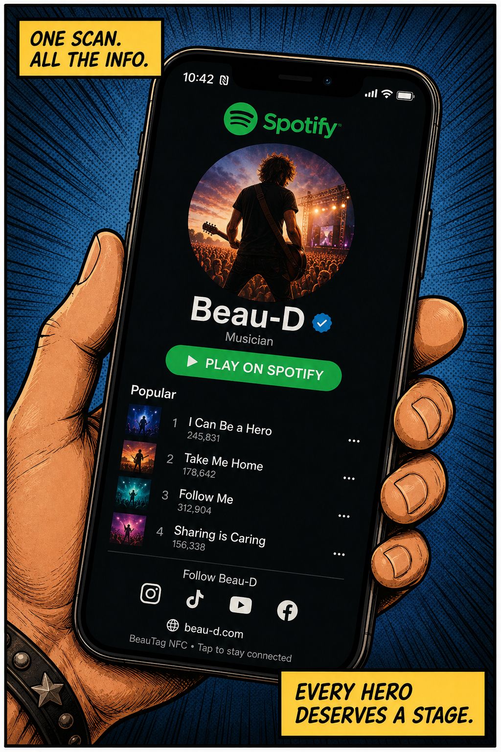A musician's Spotify page opened from a BeauTag NFC scan