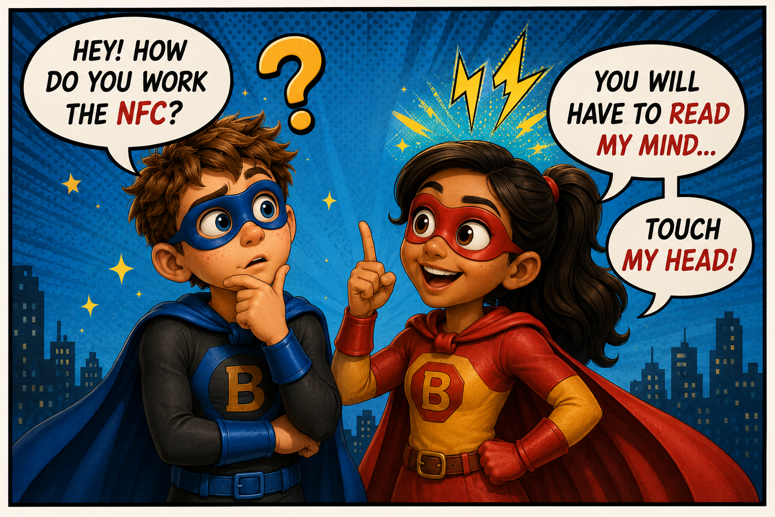 Two heroes talking about how to use the BeauTag NFC